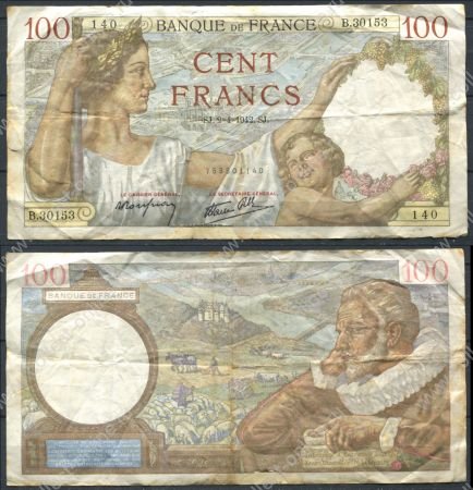Франция 1942 г. (09.04) • P# 94 • 100 франков • Максимильен де Бетюн • регулярный выпуск • VF*