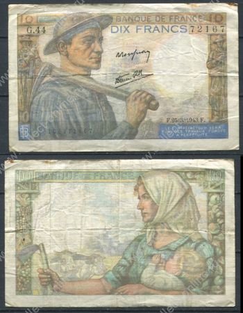 Франция 1943 г. P# 99b • 10 франков • трудящиеся • регулярный выпуск • VF-
