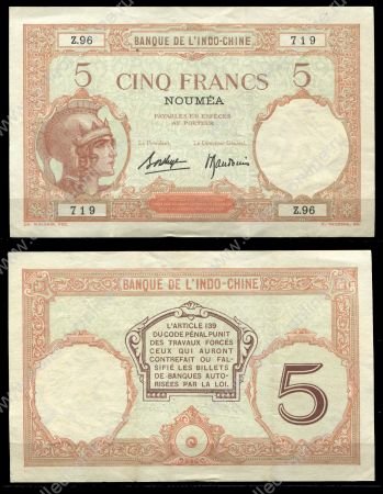 Новая Каледония 1926 г. P# 36b • 5 франков • Банк Индокитая • регулярный выпуск • XF-AU