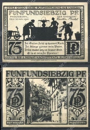 Падерборн 1921 г. • 75 пф. • Сцена у фонтана • улица • черная • UNC пресс-