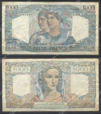 Франция 1946 г. (12-09) • P# 130a • 1000 франков • богиня Минерва • регулярный выпуск • F-VF*