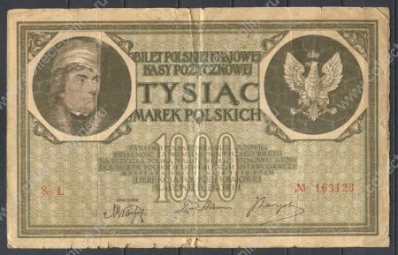 Польша 1919 г. • P# 22b • 1000 марок • Тадеуш Косцюшко • в.з. - соты • регулярный выпуск • VG*