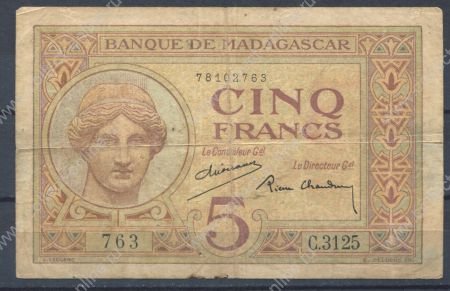 Мадагаскар 1937 г. • P# 35 • 5 франков • богиня Юнона • регулярный выпуск • F-