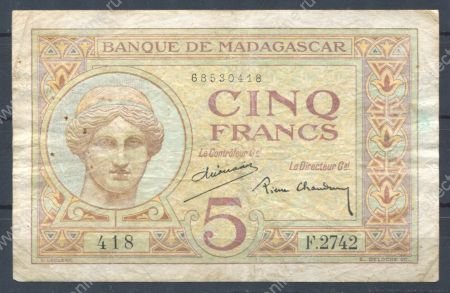 Мадагаскар 1937 г. • P# 35 • 5 франков • богиня Юнона • регулярный выпуск • F-VF*