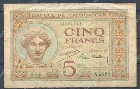 Мадагаскар 1937 г. • P# 35 • 5 франков • богиня Юнона • регулярный выпуск • VF*