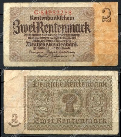 Германия • 3-й рейх 1937 г. • P# 174b • 2 рентенмарки • сноп пшеницы • № - 8 цифр • регулярный выпуск • F