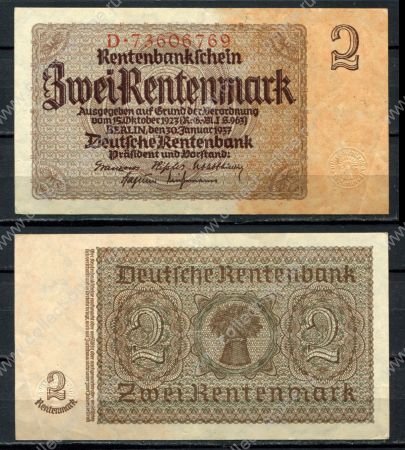 Германия • 3-й рейх 1937 г. • P# 174b • 2 рентенмарки • сноп пшеницы • № - 8 цифр • регулярный выпуск • AU
