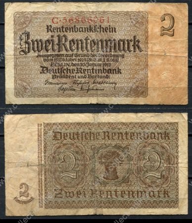 Германия • 3-й рейх 1937 г. • P# 174b • 2 рентенмарки • сноп пшеницы • № - 8 цифр • регулярный выпуск • F