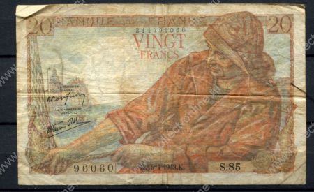 Франция 1943 г. (K 15-4) • P# 100a • 20 франков • рыбак • регулярный выпуск • F-*