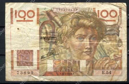 Франция 1946 г. (F 31-5) • P# 128a • 100 франков • фермер и бык • регулярный выпуск • F-VF*