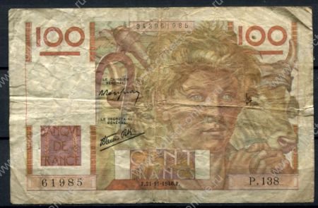 Франция 1946 г. (F 21-11) • P# 128a • 100 франков • фермер и бык • регулярный выпуск • F-VF*