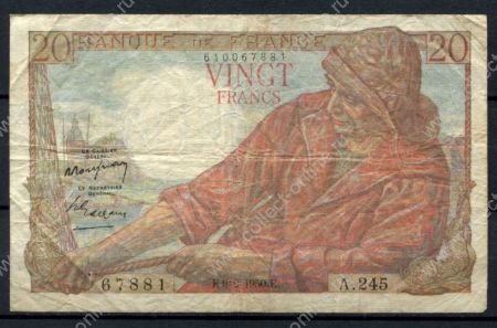 Франция 1950 г. (E 9-2) • P# 100d • 20 франков • рыбак • регулярный выпуск • F-VF*