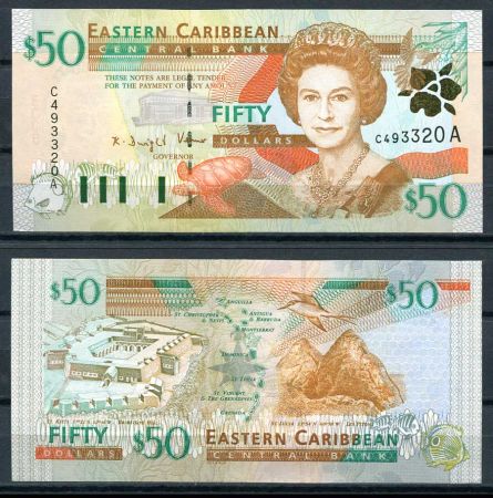 Восточные Карибы • Антигуа 2000 г. • P# 40a • 50 долларов • Елизавета II • форт Бримстон • регулярный выпуск • UNC пресс