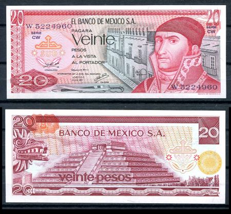 Мексика 1977 г. • P# 64d • 20 песо • Хосе Мария Морелос • пирамида • регулярный выпуск • UNC пресс
