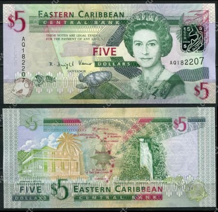 Восточные Карибы 2008 г. • P# 47 • 5 долларов • Елизавета II • адмиральский дом, водопад • серия AQ • UNC пресс ( кат. - $11 )