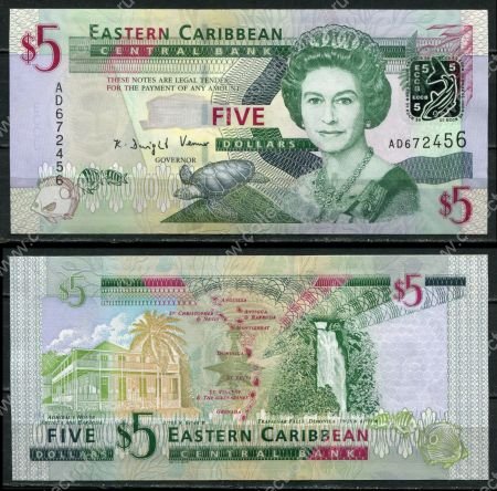Восточные Карибы 2008 г. • P# 47 • 5 долларов • Елизавета II • адмиральский дом, водопад • серия AD • UNC пресс ( кат. - $11 )