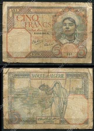 Алжир 1941 г. • P# 77b • 5 франков • 13-6-1941 • девушка • регулярный выпуск • F