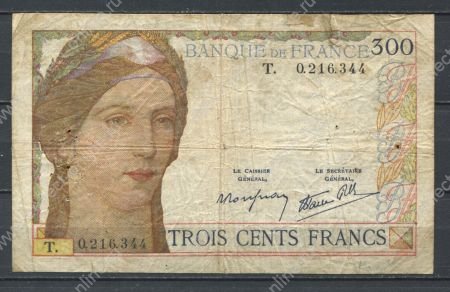 Франция 1938 г. • P# 87 • 300 франков • Церера • Меркурий • регулярный выпуск • VG*