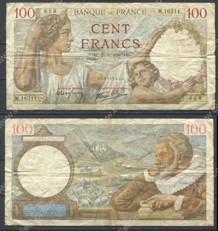 Франция 1940 г. (28.11) • P# 94 • 100 франков • Максимильен де Бетюн • регулярный выпуск • F-VF*