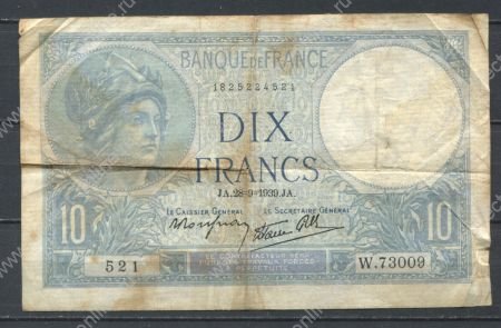 Франция 1939 г. (28-9) • P# 84 • 10 франков • богиня Минерва • крестьянка • регулярный выпуск • F