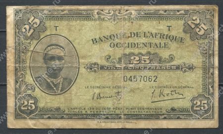 Французская Западная Африка 1942 г. • P# 30a • 25 франков • девушка • регулярный выпуск • F