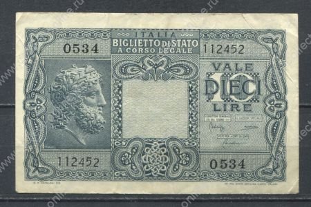 Италия 1944 г. • P# 32c • 10 лир • бог Юпитер • регулярный выпуск • XF