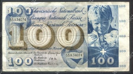 Швейцария 1965 г. • P# 49h sign. 41 • 100 франков • мальчик • регулярный выпуск • XF-