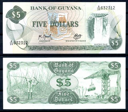 Гайана 1966 г. (1992) • P# 22f • 5 долларов • водопад • сахарная промышленность • регулярный выпуск • UNC пресс