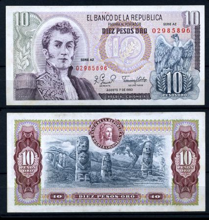 КОЛУМБИЯ 1963-80г. / 10 ПЕСО UNC ПРЕСС