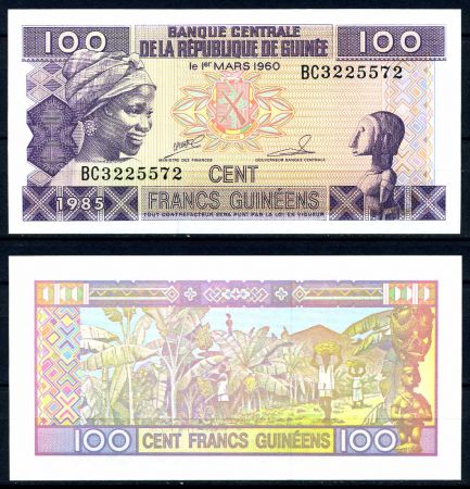 Гвинея 1985 г. • P# 30 • 100 франков • женщина • регулярный выпуск • UNC пресс