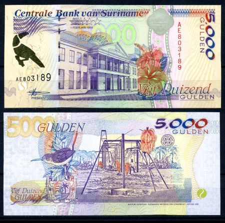 Суринам 1999 г. • P# 143 • 5000 гульденов • здание Нацбанка • тукан • регулярный выпуск • UNC пресс