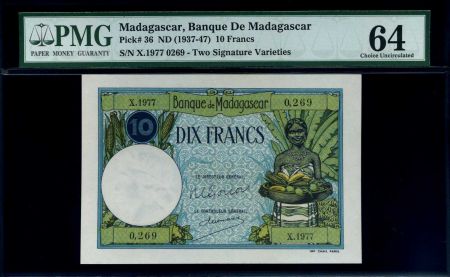 Мадагаскар 1937-1947 гг. • P# 36 • 10 франков • девушка с фруктами • регулярный выпуск • UNC пресс CU-64(PMG)