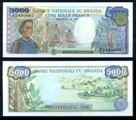 Руанда 1988 г. • P# 22 • 5000 франков • озеро • регулярный выпуск • UNC пресс