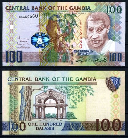 Гамбия 2006 г. (2010) • P# 29b • 100 даласи • сенегальский попугай • арка • регулярный выпуск • UNC пресс