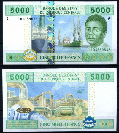 Центральная Африка • Габон 2002 г. • P# 409A • 5000 франков • регулярный выпуск • UNC пресс