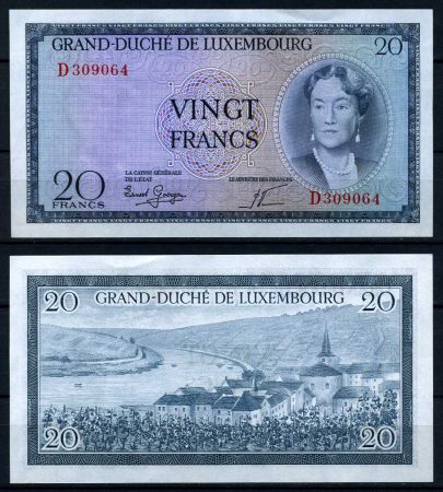 Люксембург 1955 г. • P# 49 • 20 франков • герцогиня Шарлотта • регулярный выпуск • UNC пресс