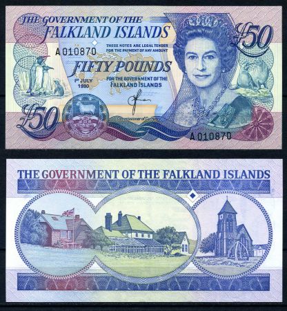 Фолклендские острова 1990 г. • P# 16 • 50 фунтов • Елизавета II • регулярный выпуск • UNC пресс ( кат. - $290 )