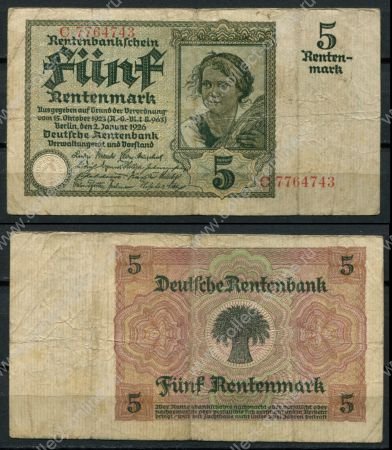 Германия 1926 г. • P# 169 • 5 рентенмарок • регулярный выпуск • F ( кат. - $40+ )