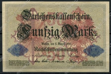 Германия 1914 г. • P# 49b • 50 марок • номер 7 цифр • регулярный выпуск • UNC пресс- ( кат. - $ 30+ )