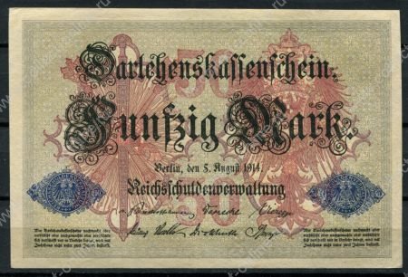 Германия 1914 г. • P# 49b • 50 марок • номер 7 цифр • регулярный выпуск • UNC пресс- ( кат. - $ 30+ )