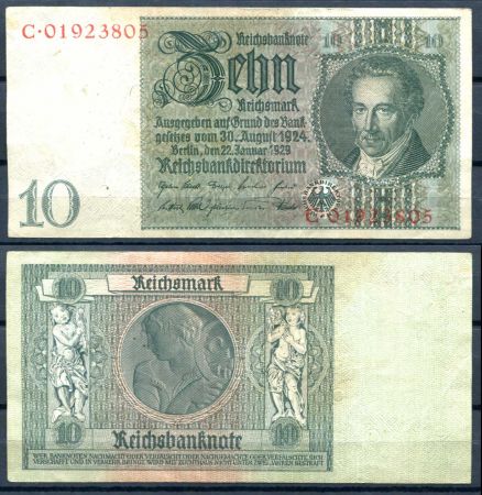 Германия 1929 г. (1945) • P# 180b • 10 рейхсмарок • в.з. портрет • Альбрехт Даниель Тэер • регулярный выпуск • VF