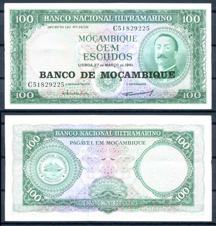 Мозамбик 1961 г. (1976) • P# 117 • 100 эскудо • надпечатка нацбанка • регулярный выпуск • UNC пресс