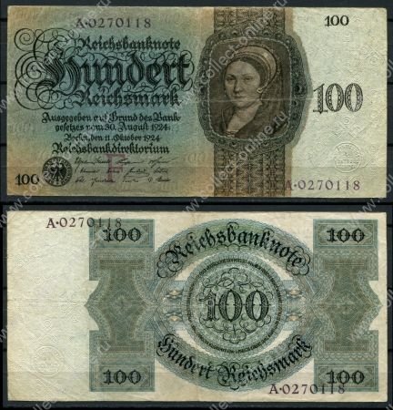 Германия 1924 г. • P# 178 F • 100 рейхсмарок • регулярный выпуск • VF 