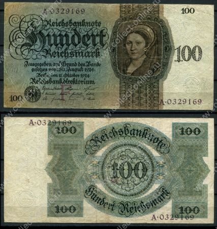 Германия 1924 г. • P# 178 F • 100 рейхсмарок • регулярный выпуск • VF