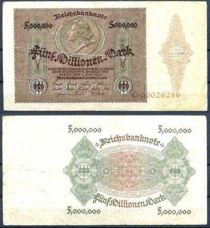 ГЕРМАНИЯ 1923г. P#90 / 5 млн. МАРОК XF-