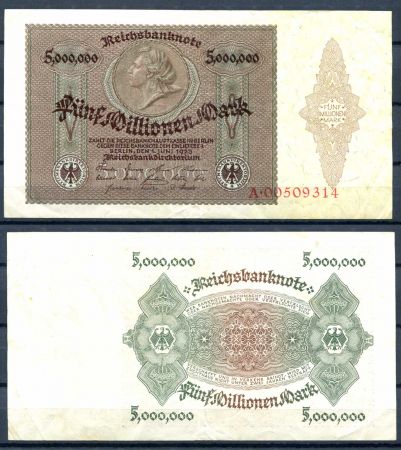 ГЕРМАНИЯ 1923г. P#90 / 5 млн. МАРОК AUNC