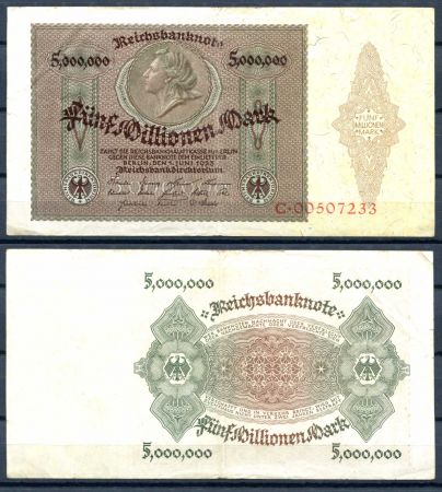 ГЕРМАНИЯ 1923г. P#90 / 5 млн. МАРОК XF+