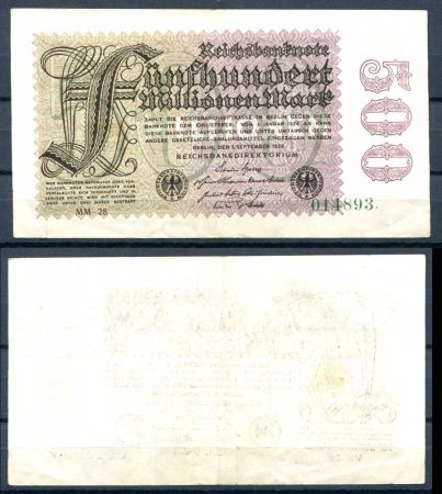 ГЕРМАНИЯ 1923г. P#110d / 500 млн. МАРОК XF