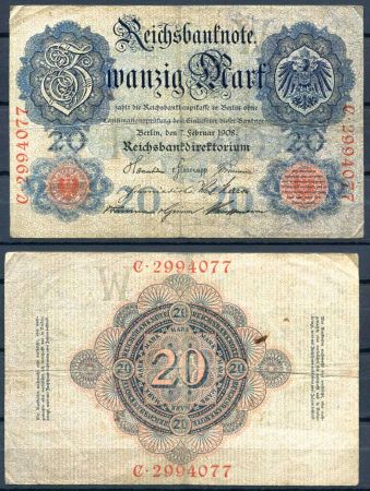 Германия 1908 г. • P# 31 • 20 марок • красный номер • регулярный выпуск • F-