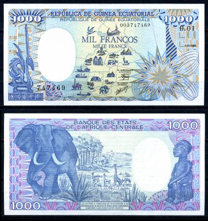 Гвинея Экваториальная 1985 г. • P# 21 • 1000 франков • слон и тотем • регулярный выпуск • UNC пресс